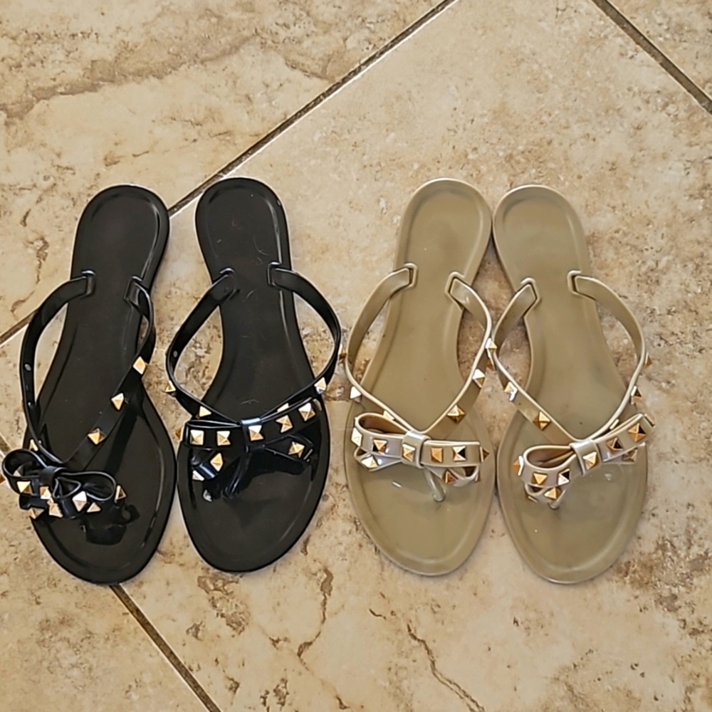 2 pairs of studded flip flops